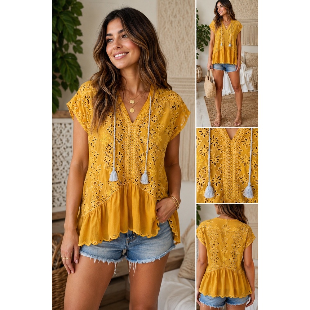 Johnny Was Top Mustard Yellow Eyelet Embroidery Tassel Boho Blouse XS